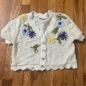 Cream Floral Embroidered Short-Sleeve Cardigan Sweater